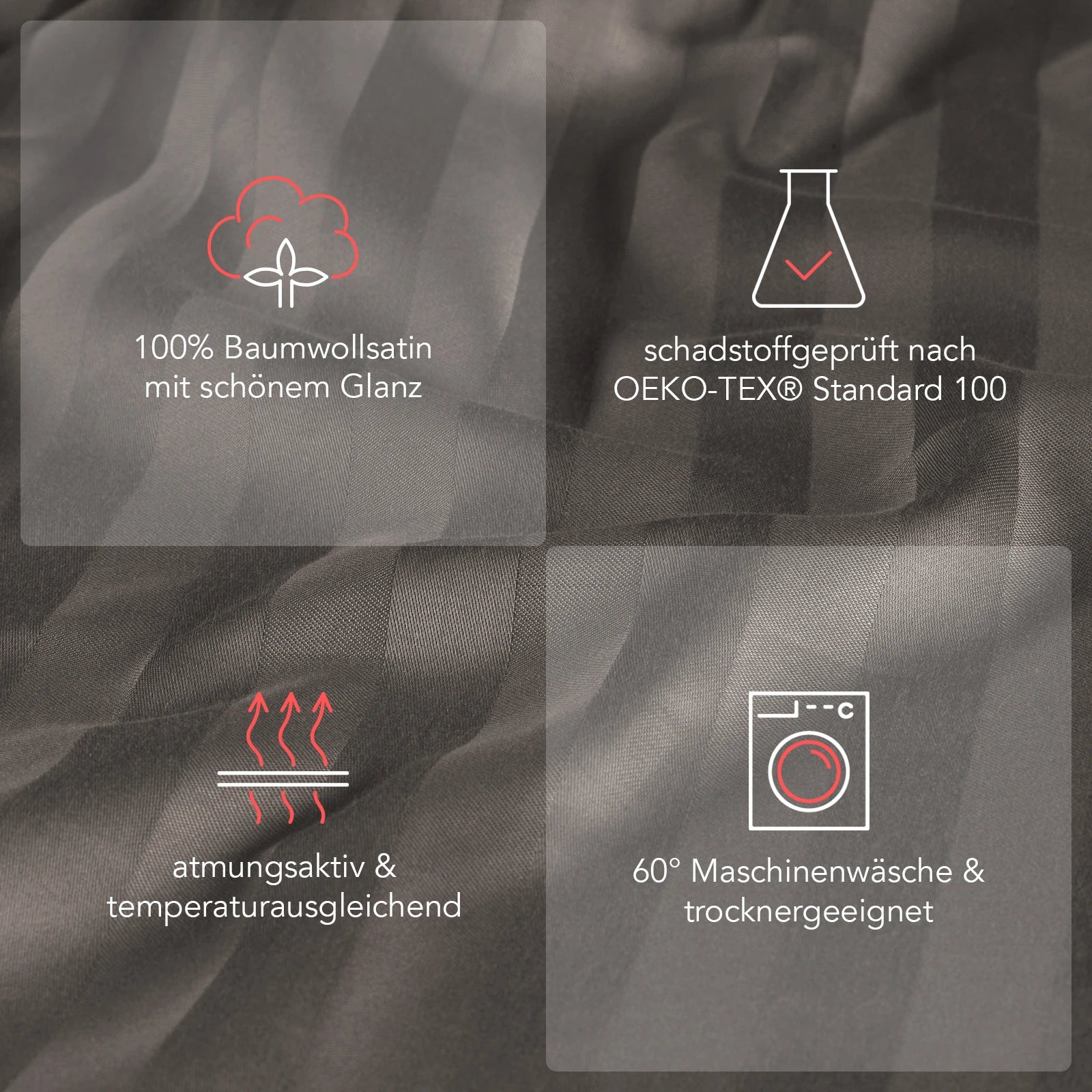 Mako Satin Kissenbezug Damast Streifen - Pure Label - Anthrazit - 80x80cm