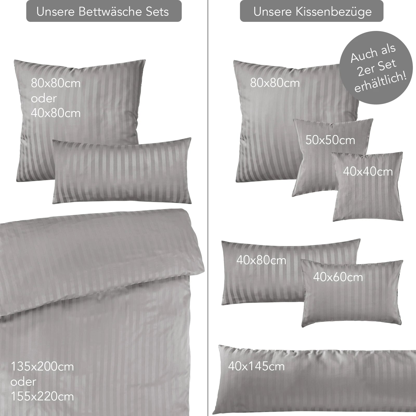 Mako Satin Damaststreifen Bettwäsche - Hellgrau - 135x200 + 40x80cm