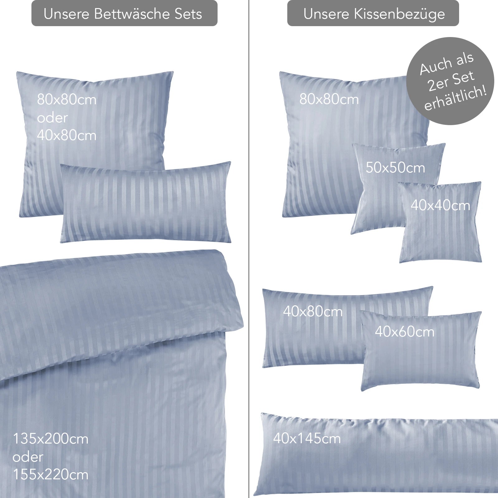 Mako Satin Damaststreifen Bettwäsche - Ice Blau - 135x200 + 40x80cm