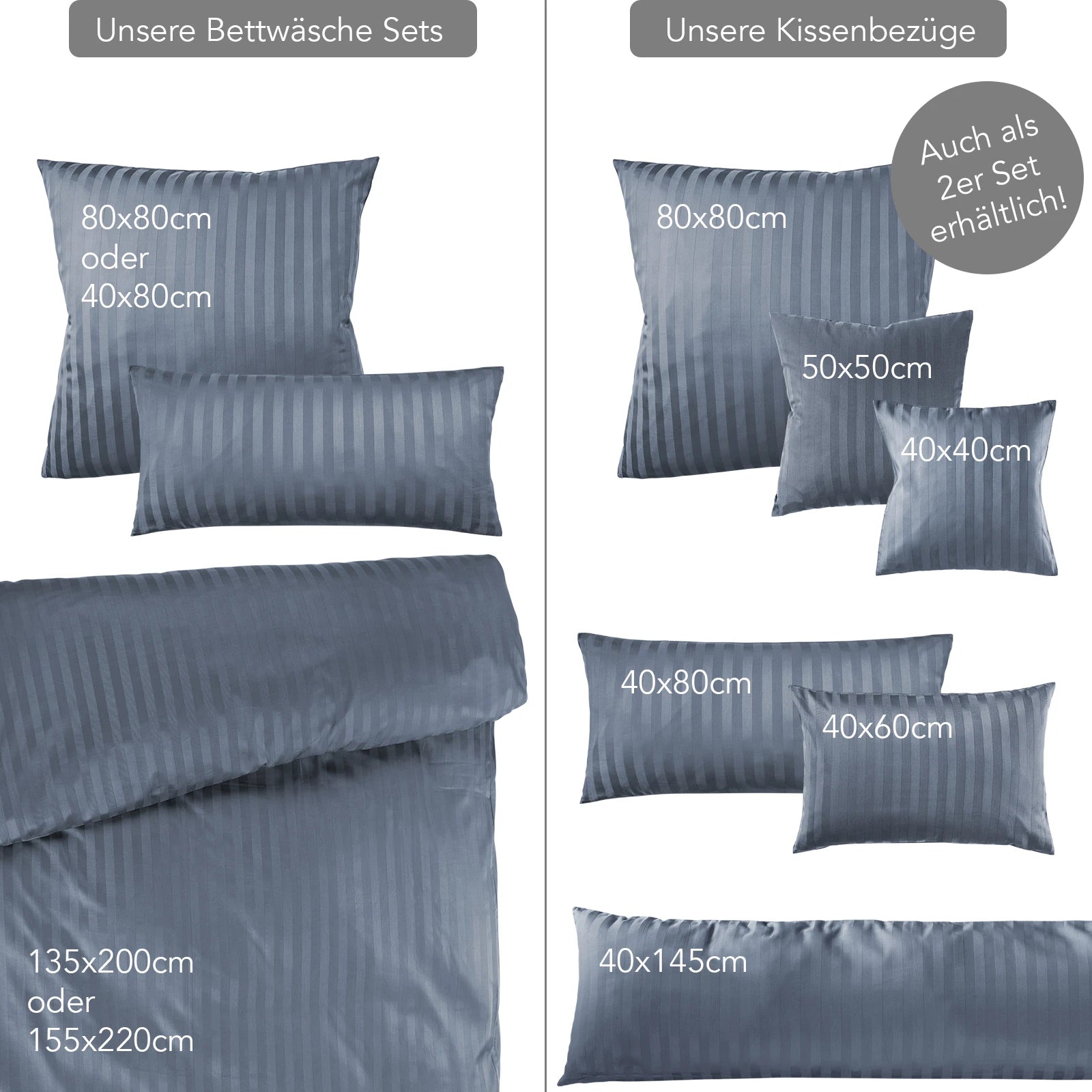 Mako Satin Damaststreifen Bettwäsche - Stahlblau - 135x200 + 40x80cm