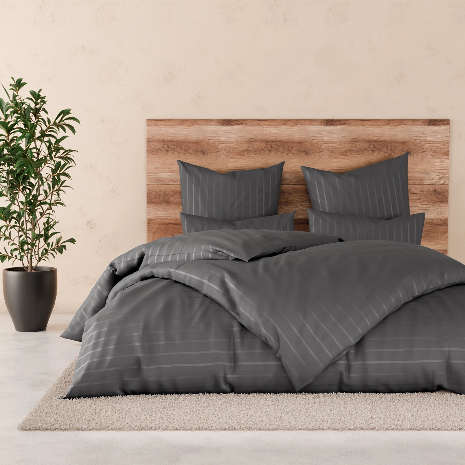 Bettwäsche Mako Satin mit Streifen - Anthrazit - 2x135x200 + 2x80x80cm