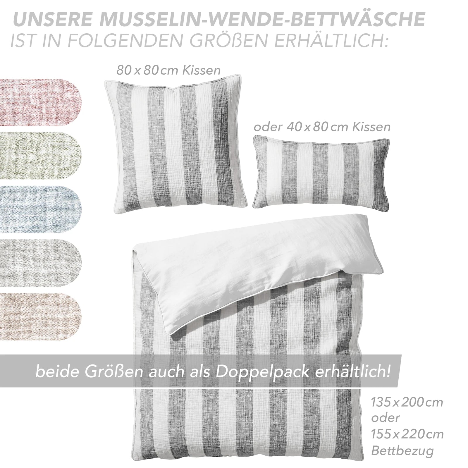 Musselin Bettwäsche  - Anthrazit  - Gestreift  135x200 40x80 cm
