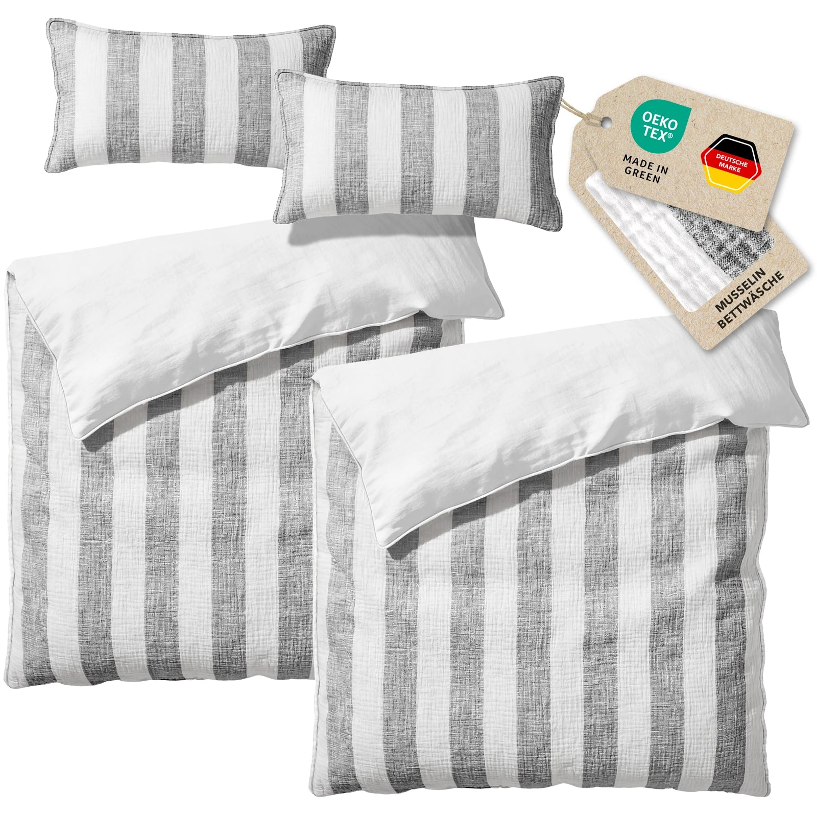 Musselin Bettwäsche  - Anthrazit  - Gestreift  2x135x200 40x80 cm