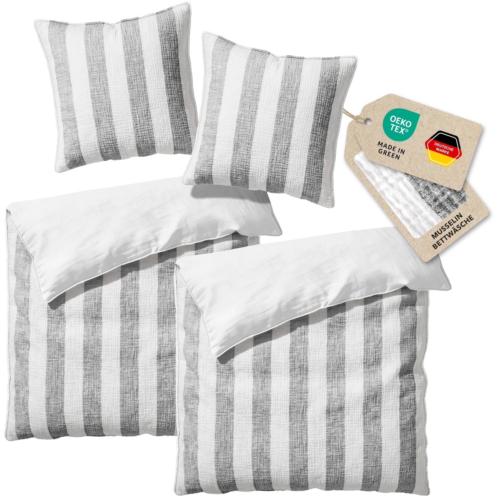 Musselin Bettwäsche  - Anthrazit  - Gestreift  2x155x220 80x80 cm