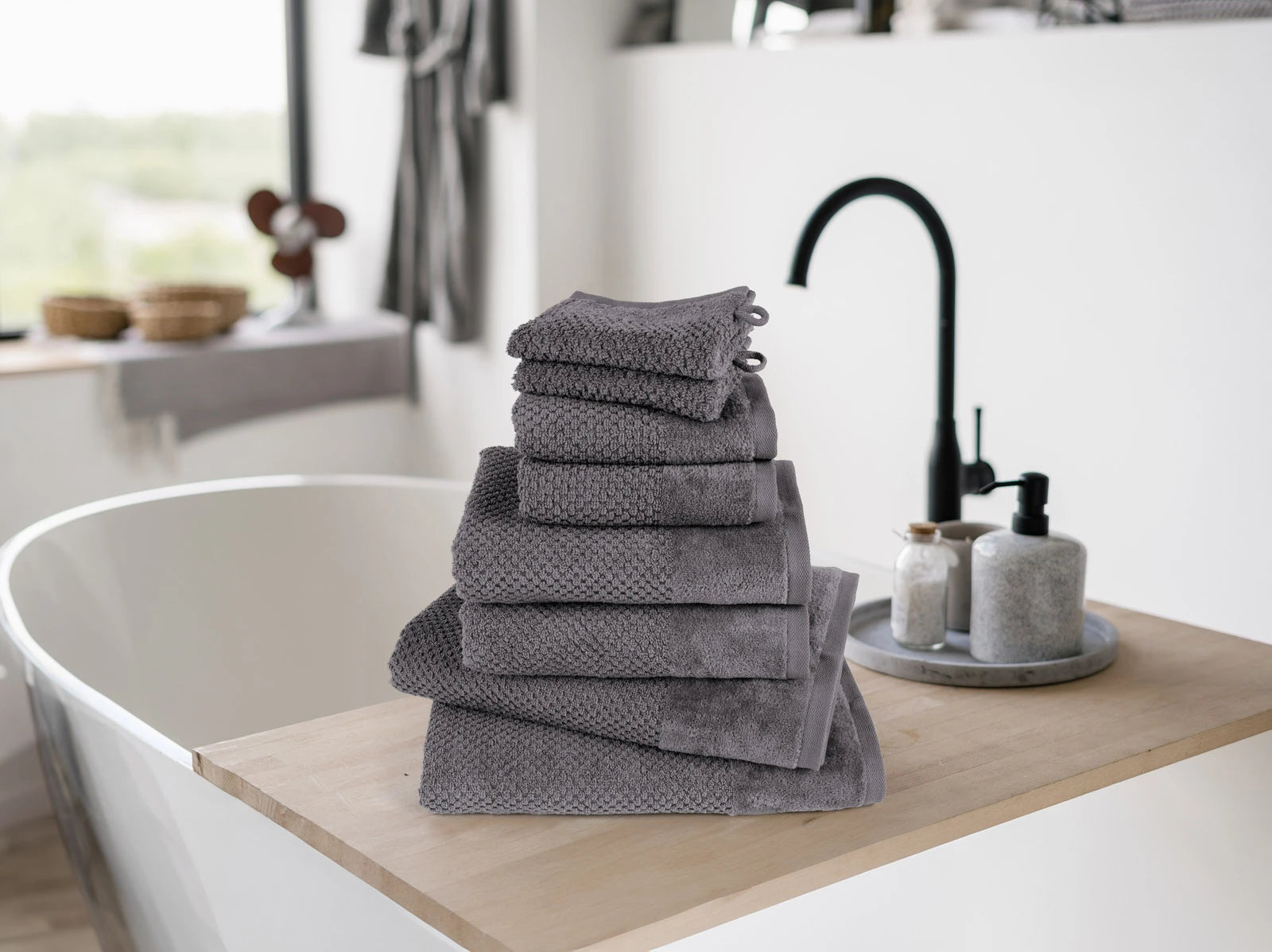 Handtuch Sets "Popcorn" - Anthrazit / 2x50x100 + 2x70x140 cm Pure Label