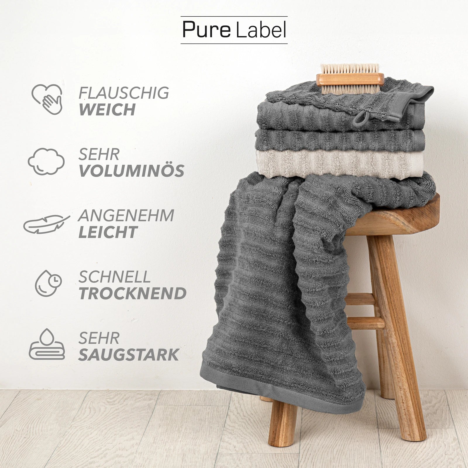 Handtuch Sets "Waves" - Anthrazit / 4x30x50 + 4x50x100 + 2x70x140 cm Pure Label