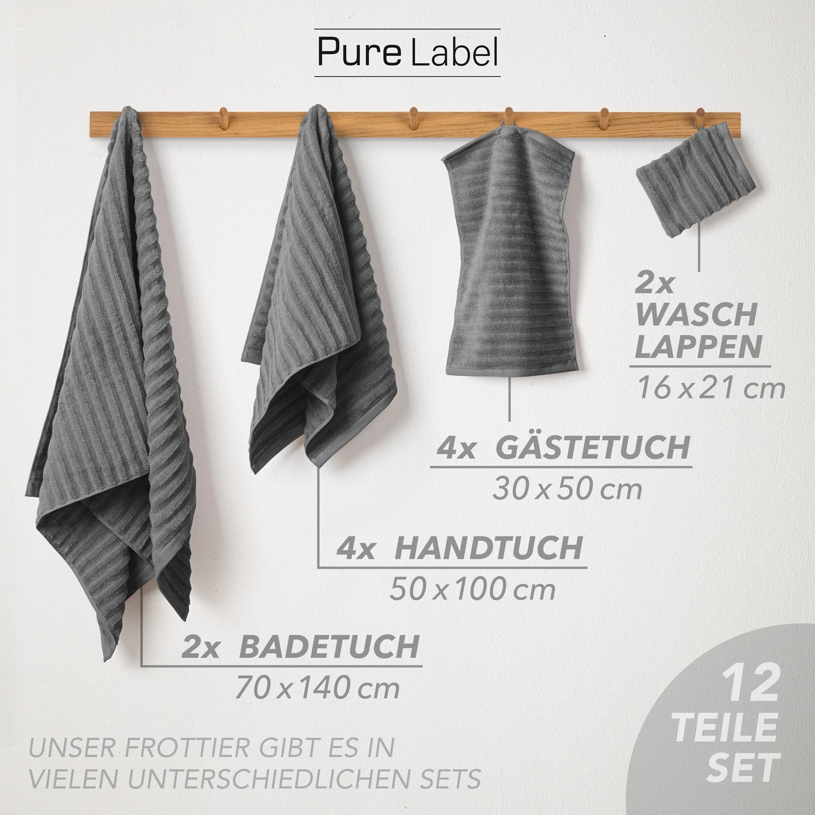 Handtuch Sets "Waves" - Anthrazit / 4x30x50 + 4x50x100 + 2x70x140 cm Pure Label