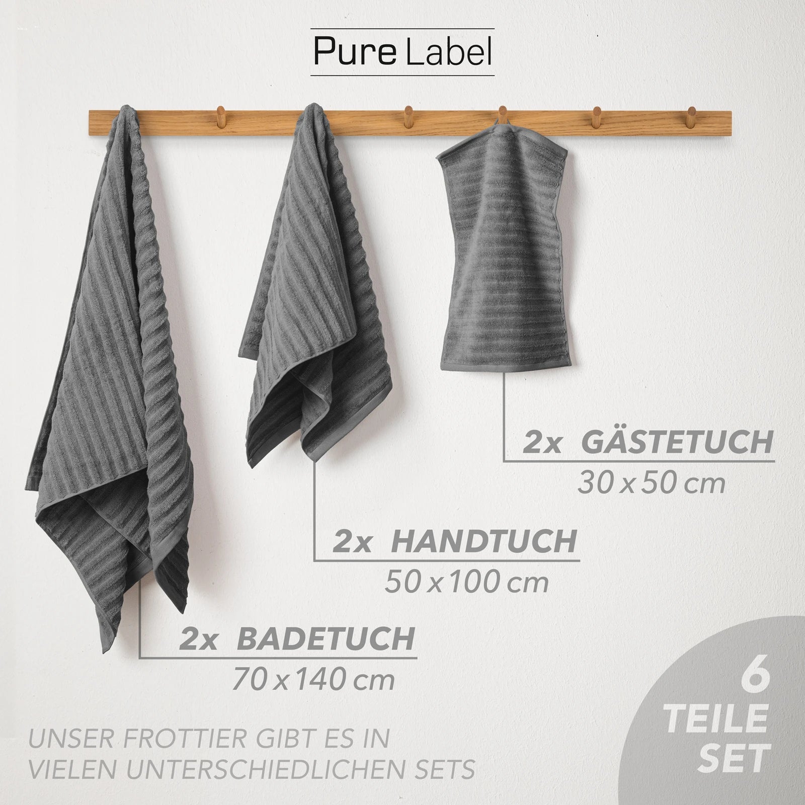 Handtuch Sets "Waves" - Anthrazit / 4x30x50 + 4x50x100 + 2x70x140 cm Pure Label