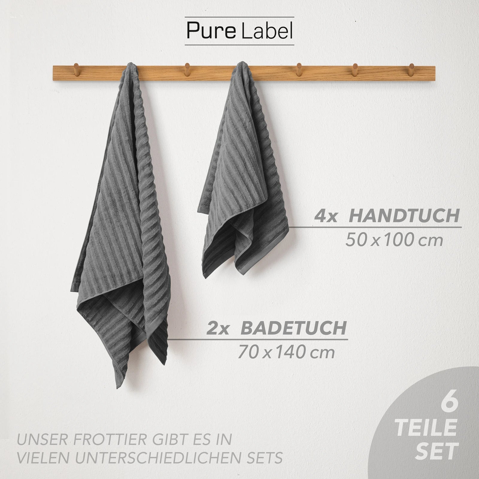 Handtuch Sets "Waves" - Anthrazit / 4x30x50 + 4x50x100 + 2x70x140 cm Pure Label