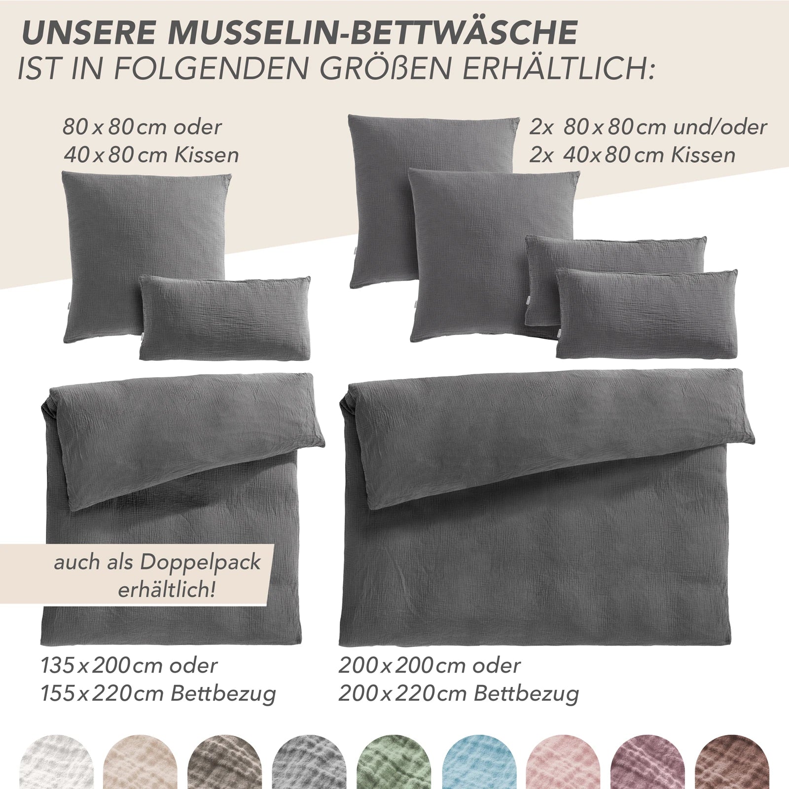 Musselin Bettwäsche Sets - Anthrazit - 2x155x220 + 2x80x80 cm