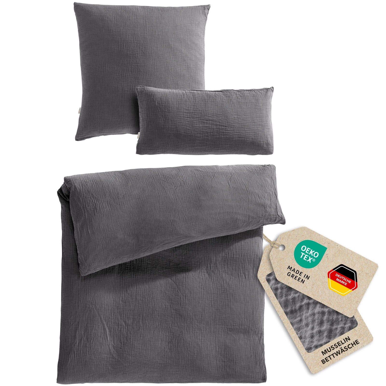 Musselin Bettwäsche Einzelbettwäsche - Anthrazit - 155x220 + 80x80 + 40x80 cm