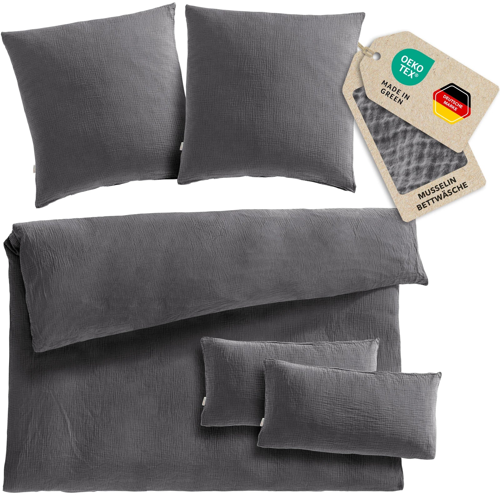 Musselin Bettwäsche Doppelbett - Anthrazit - 200x220 + 2x80x80 + 2x40x80 cm