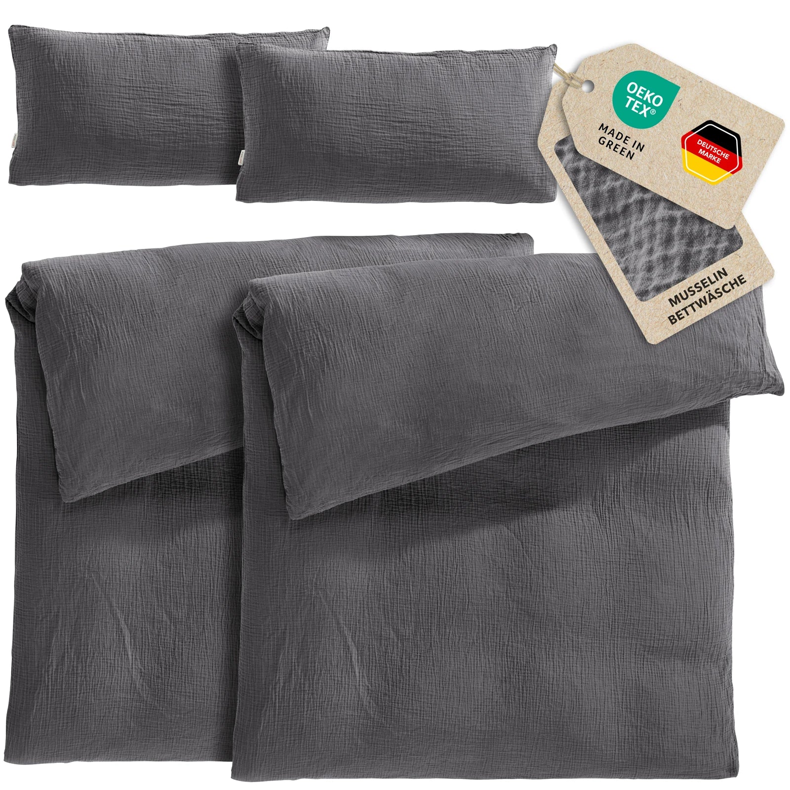 Musselin Bettwäsche Sets - Anthrazit - 2x155x220 + 2x40x80 cm
