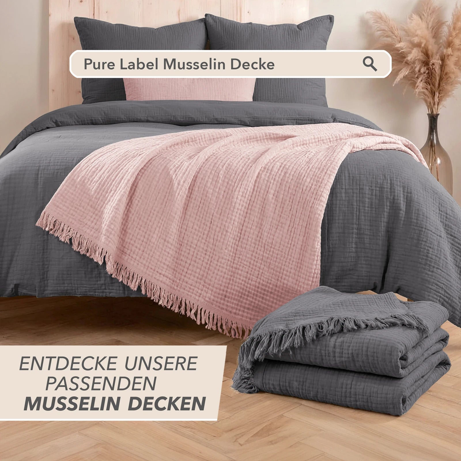 Musselin Bettwäsche Sets - Anthrazit - 2x155x220 + 2x80x80 cm
