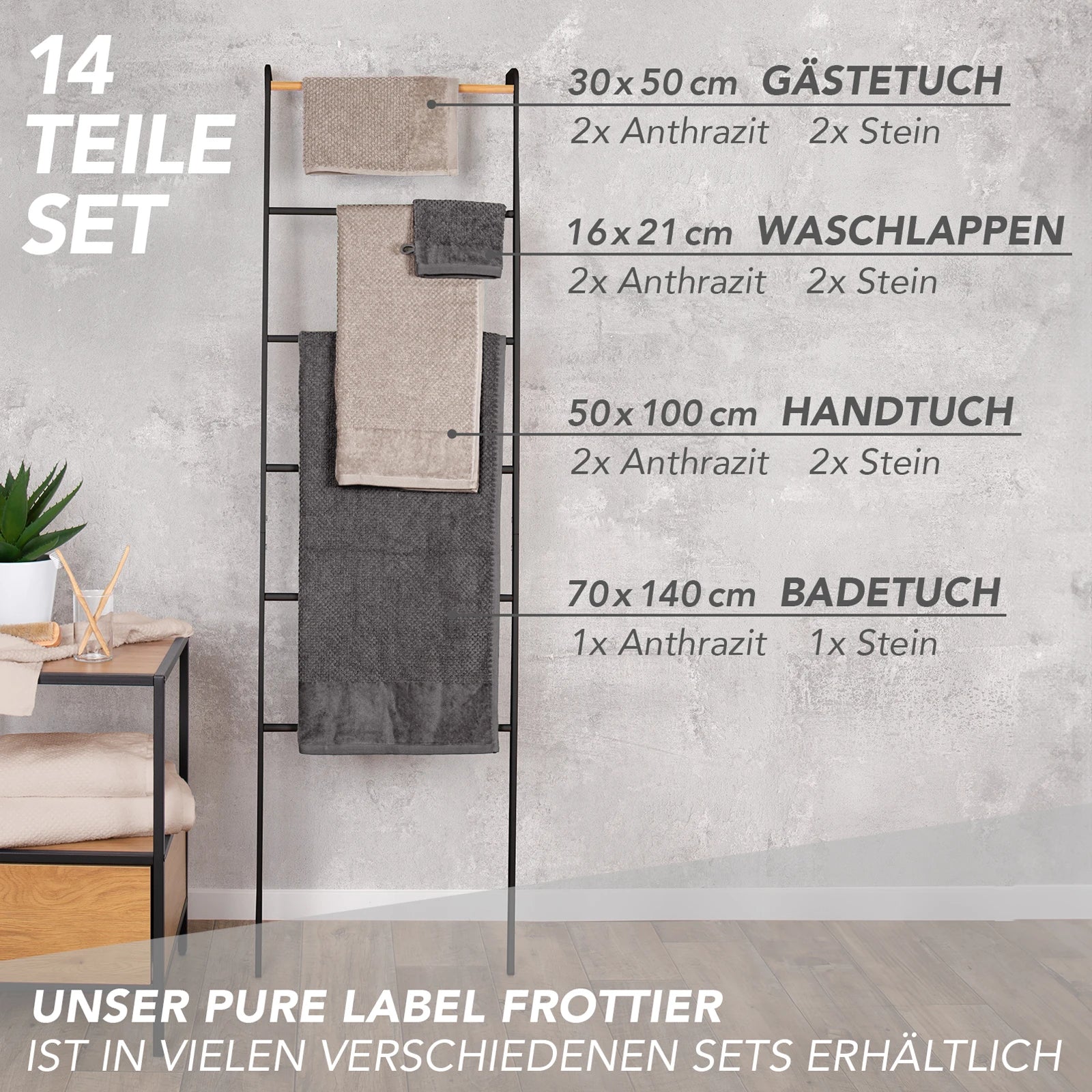 Handtuch Set "Popcorn" - Sableigrün / Stein / 2tlg. 2x70x140 cm Pure Label