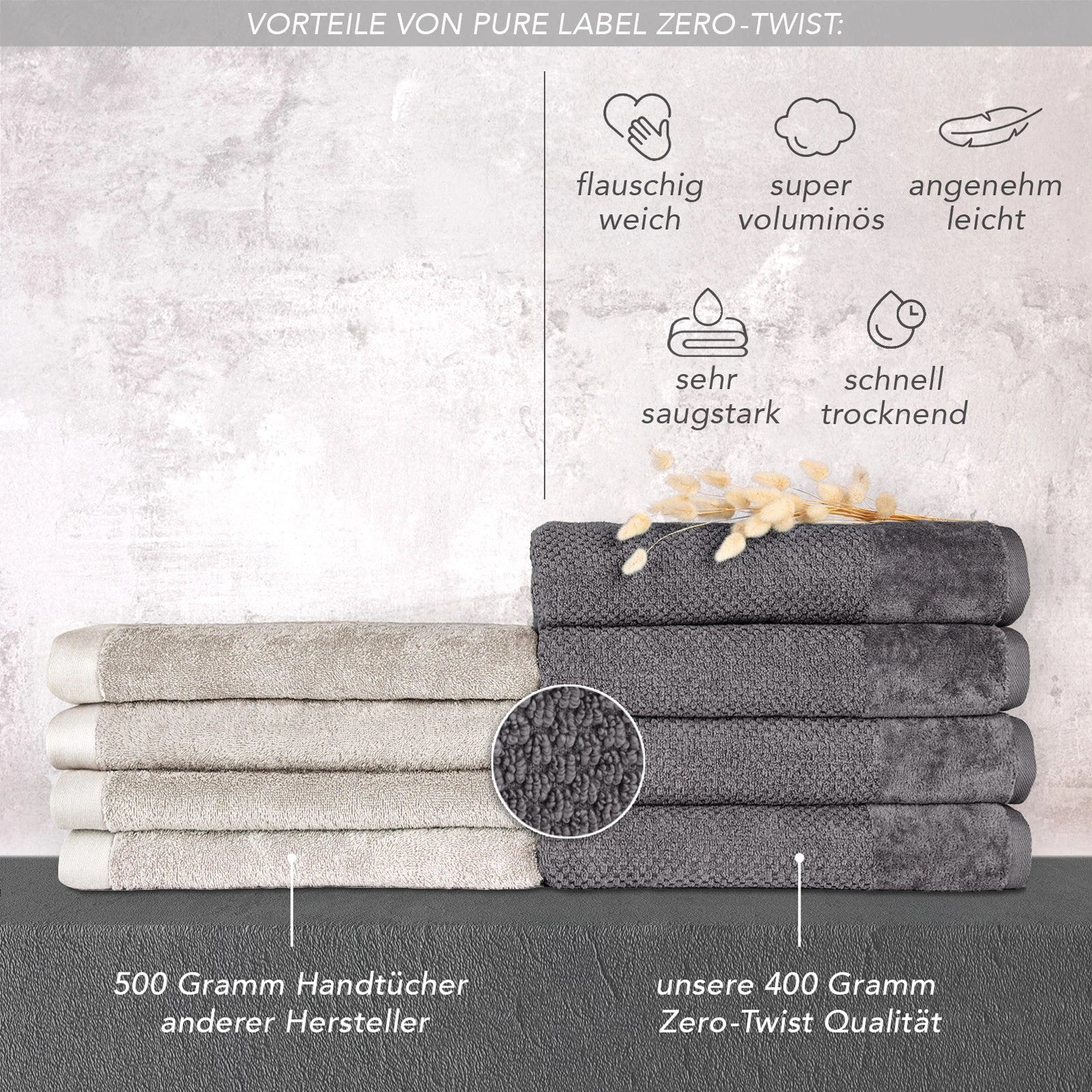 Handtuch Sets "Popcorn" - Anthrazit / 2x50x100 + 2x70x140 cm Pure Label