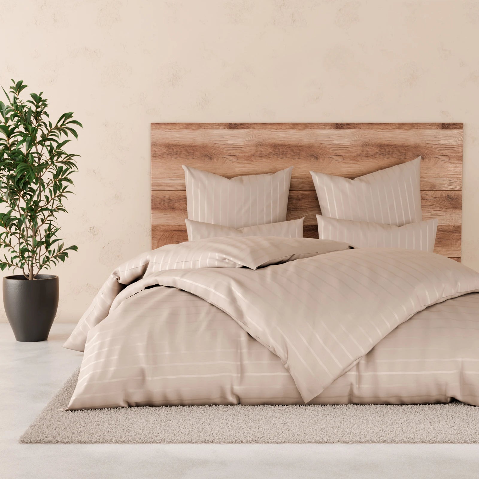 Bettwäsche Mako Satin mit Streifen - Beige - 155x220 + 80x80cm