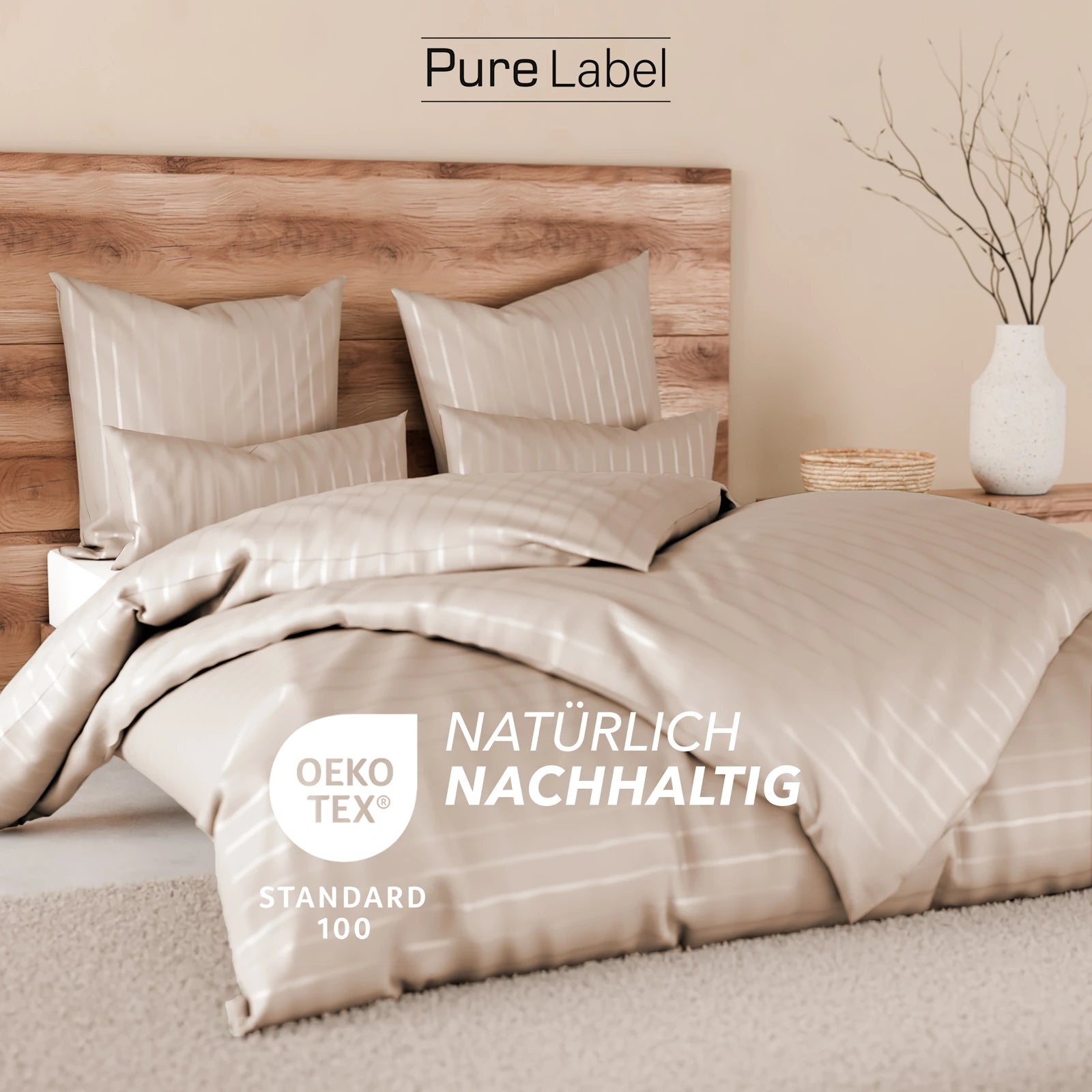 Bettwäsche Mako Satin mit Streifen - Beige - 155x220 + 80x80cm