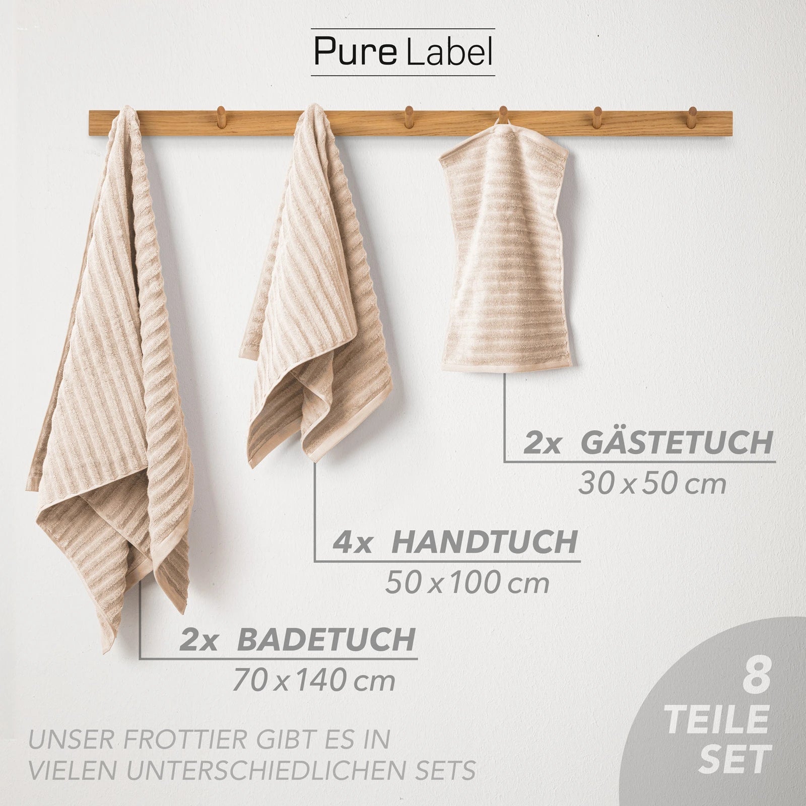 Handtuch Sets "Waves" - Anthrazit / 4x30x50 + 4x50x100 + 2x70x140 cm Pure Label