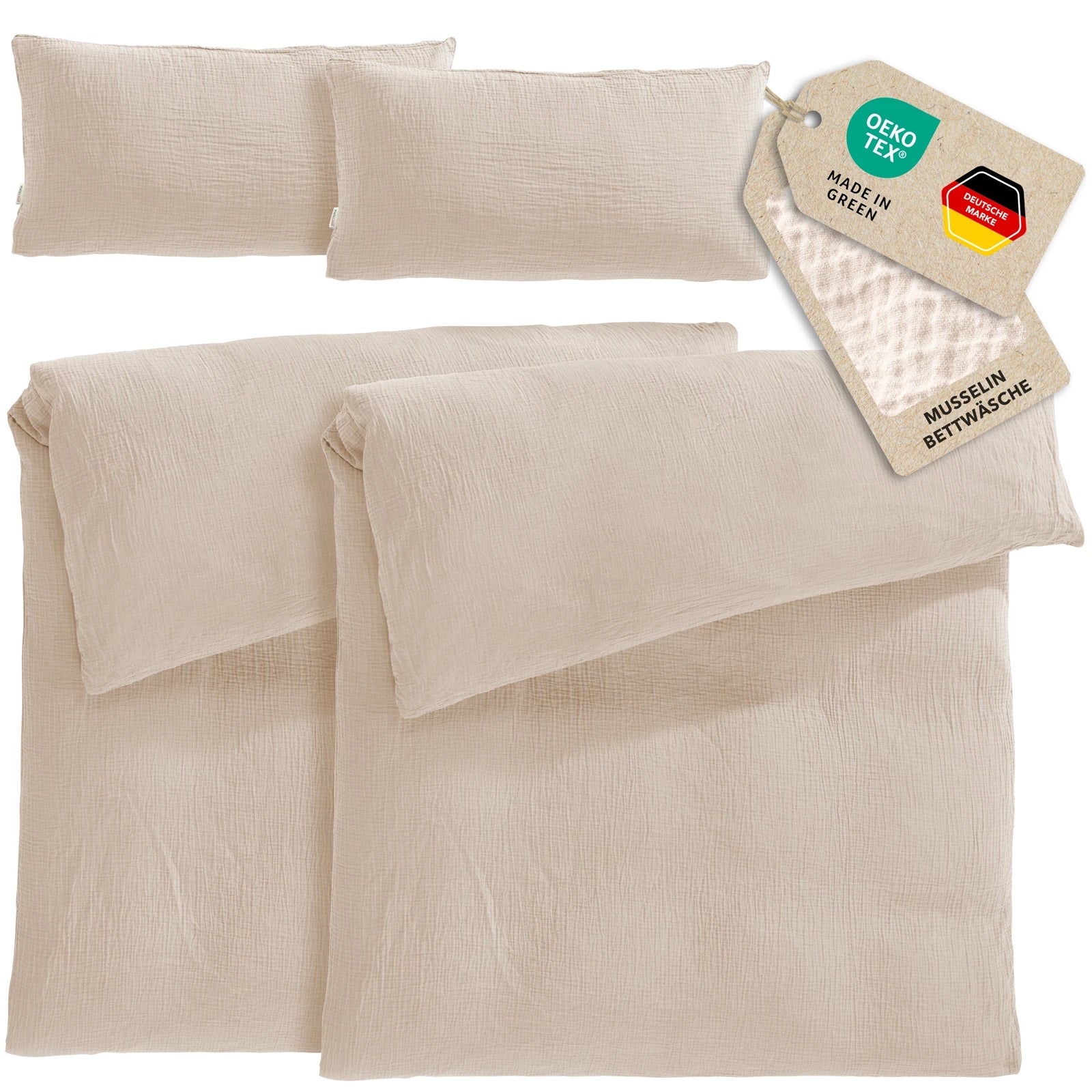 Musselin Bettwäsche Sets - Beige - 2x155x220 + 2x40x80 cm