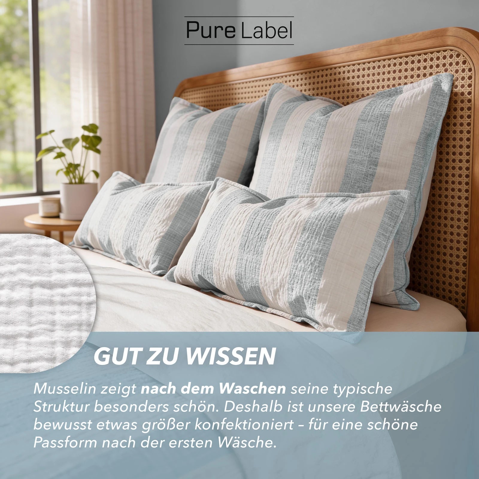 Musselin Bettwäsche  - Blau - Gestreift  155x220 40x80 cm