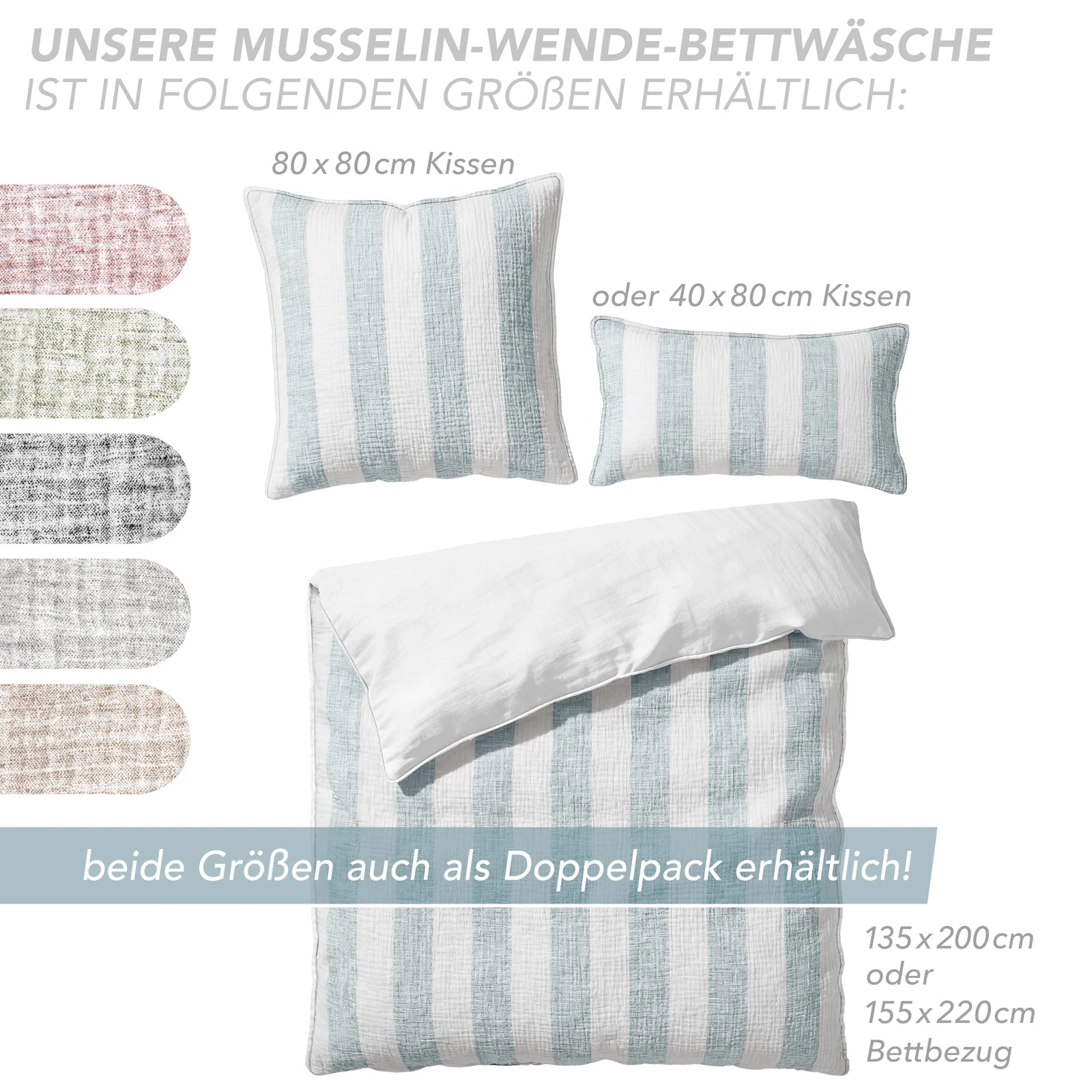 Musselin Bettwäsche  - Blau - Gestreift  2x155x220 40x80 cm