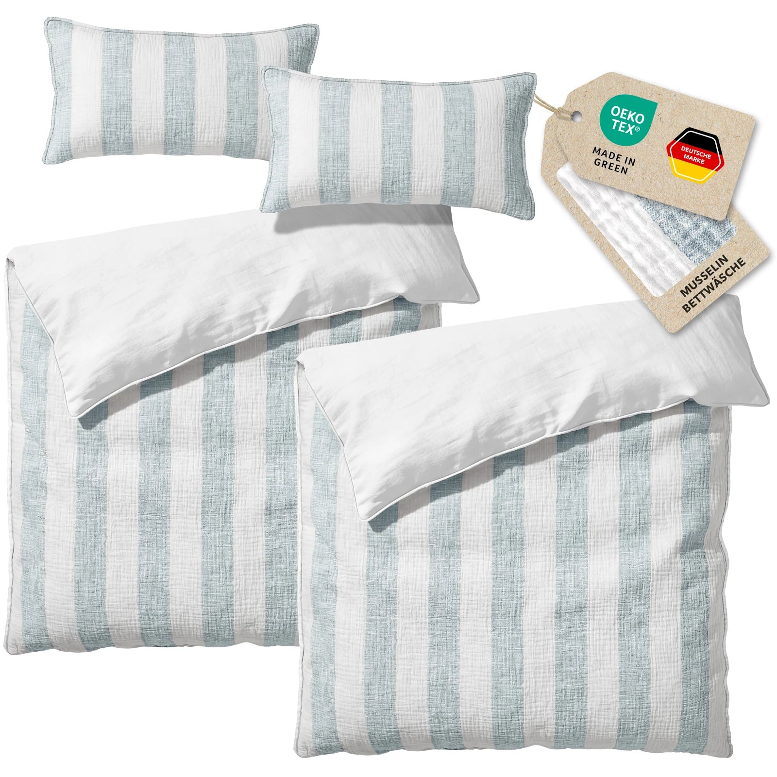 Musselin Bettwäsche  - Blau - Gestreift  2x155x220 40x80 cm