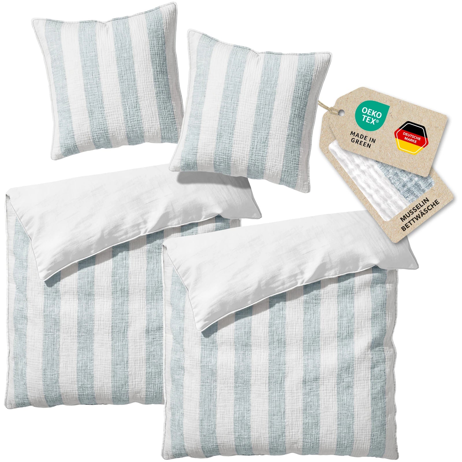 Musselin Bettwäsche  - Blau - Gestreift  2x155x220 80x80 cm