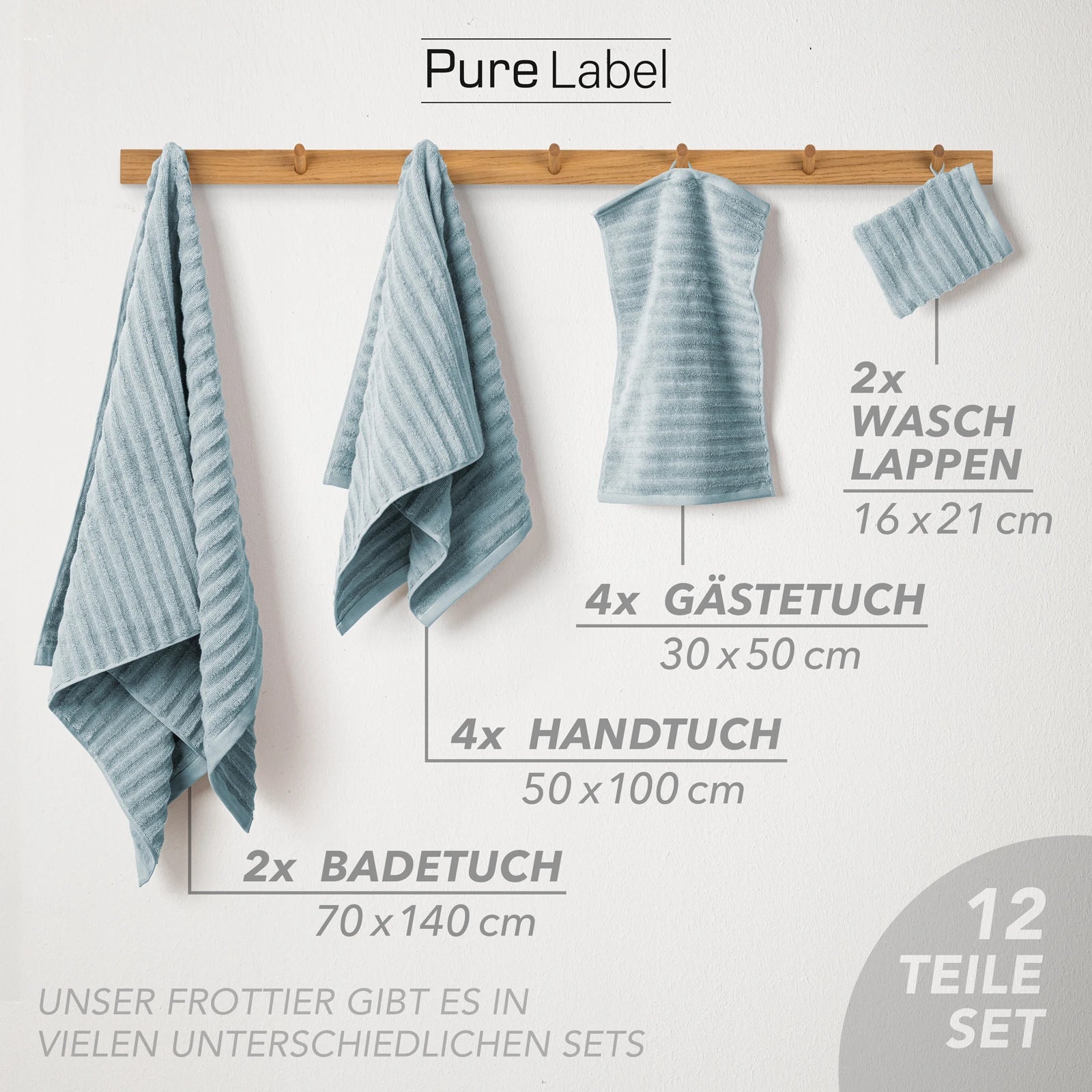 Handtuch Sets "Waves" - Anthrazit / 4x30x50 + 4x50x100 + 2x70x140 cm Pure Label