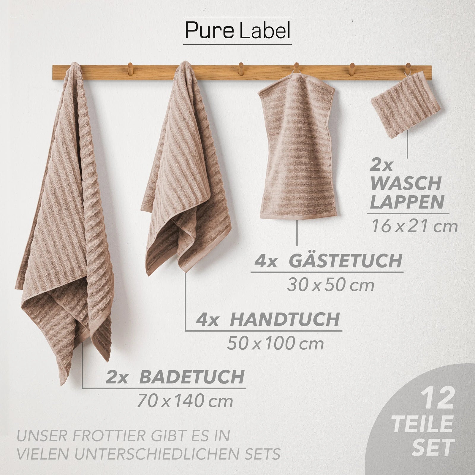 Handtuch Sets "Waves" - Anthrazit / 4x30x50 + 4x50x100 + 2x70x140 cm Pure Label