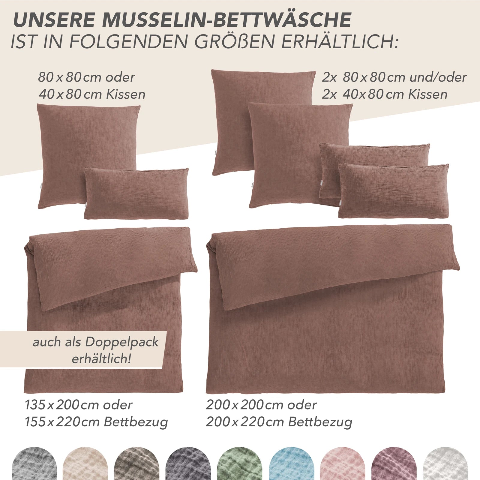 Musselin Bettwäsche Sets - Hellbraun - 2x155x220 + 2x40x80 cm
