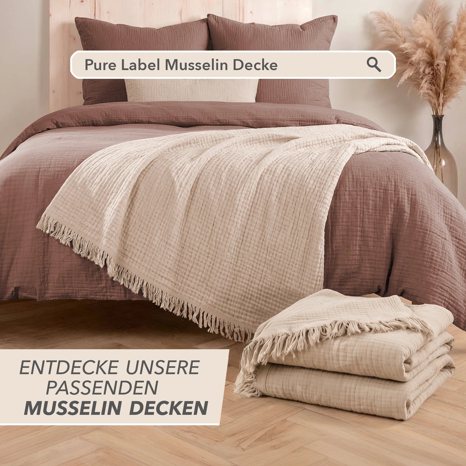 Musselin Bettwäsche Sets - Hellbraun - 2x155x220 + 2x40x80 cm