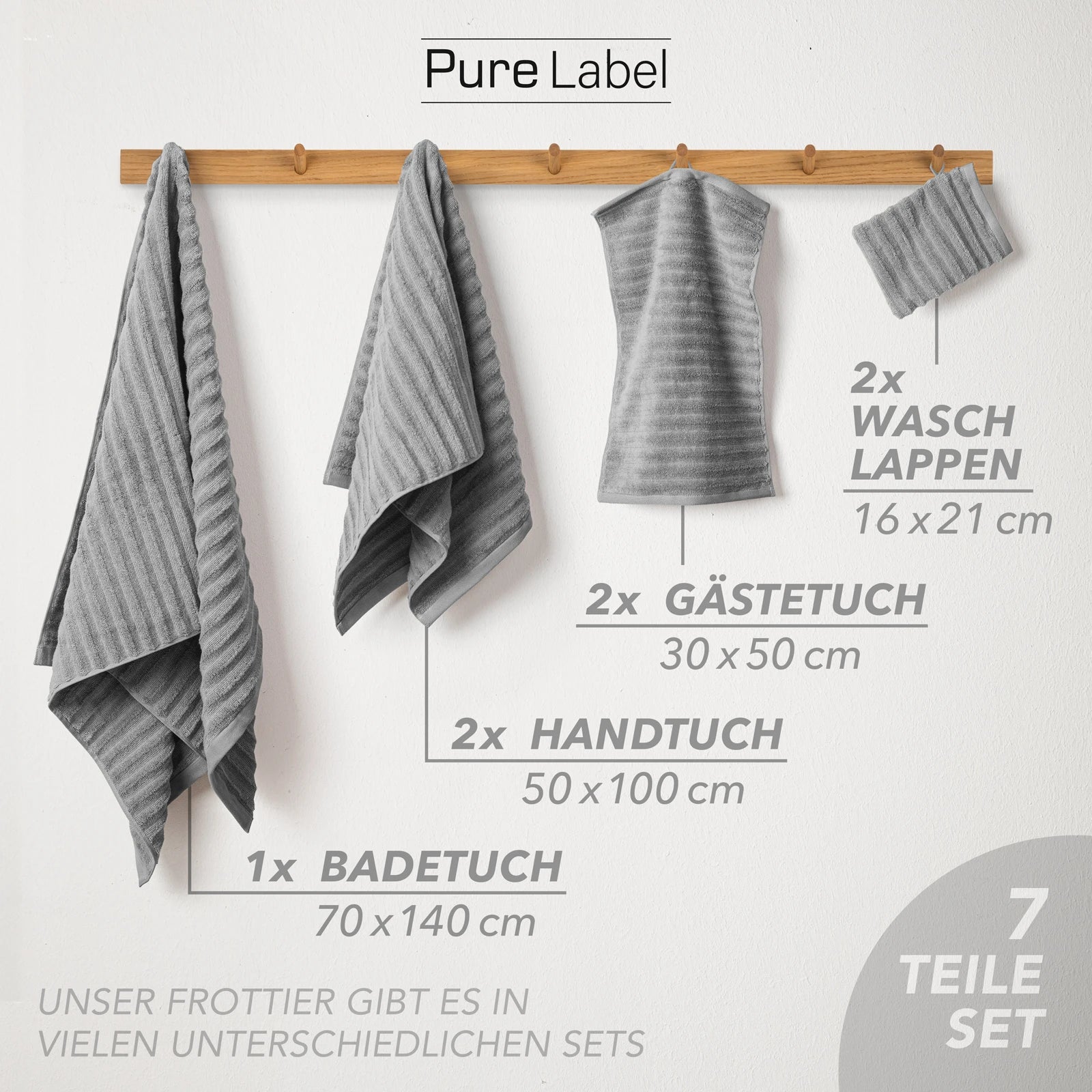 Handtuch Sets "Waves" - Anthrazit / 4x30x50 + 4x50x100 + 2x70x140 cm Pure Label