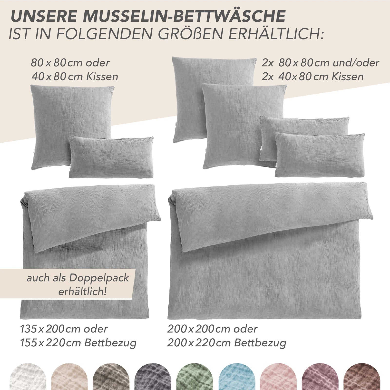 Musselin Kopfkissenbezug - Grau - 40x80 cm