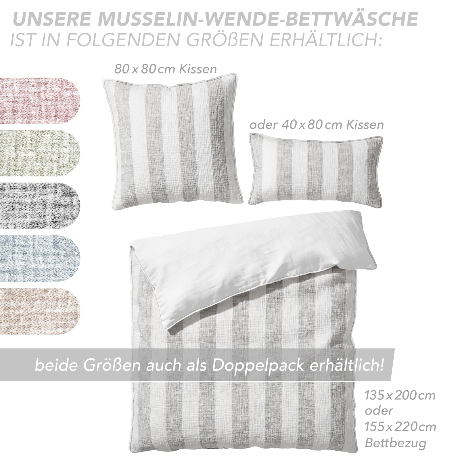 Musselin Bettwäsche  - Grau - Gestreift  155x220 40x80 cm