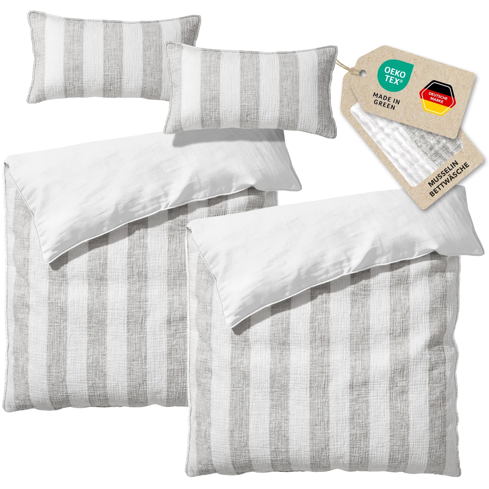 Musselin Bettwäsche  - Grau - Gestreift  2x155x220 40x80 cm