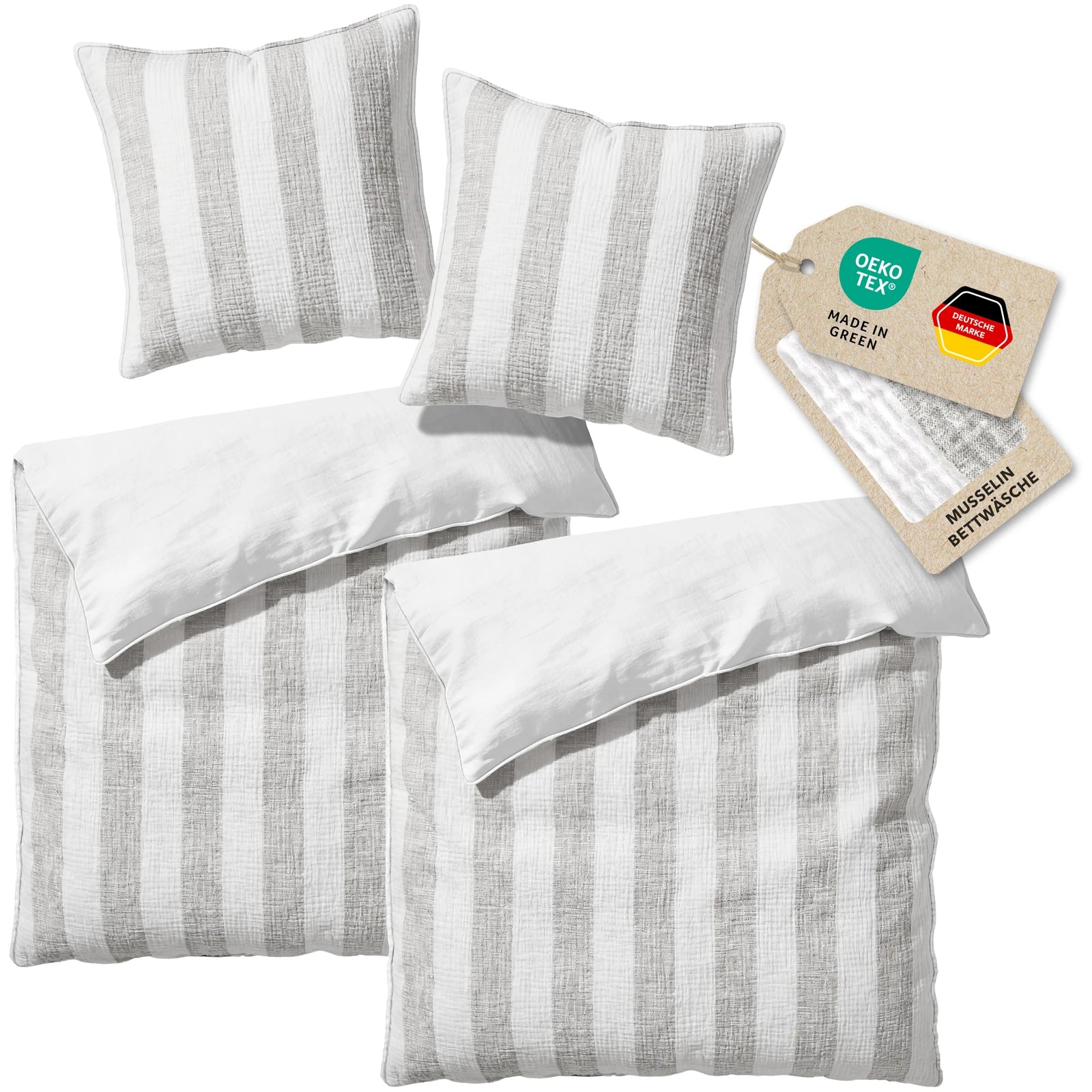 Musselin Bettwäsche  - Grau - Gestreift  2x155x220 80x80 cm