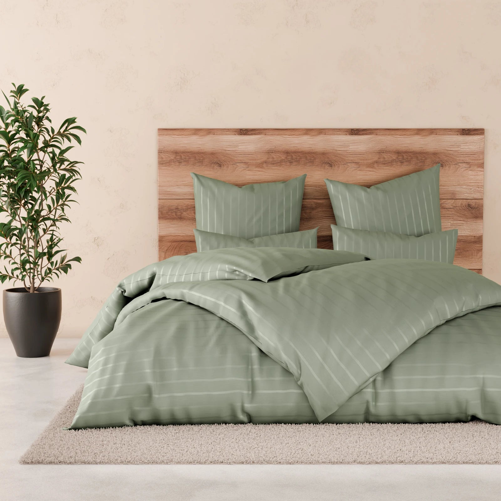 Bettwäsche Mako Satin mit Streifen - Grün - 2x135x200 + 2x80x80cm