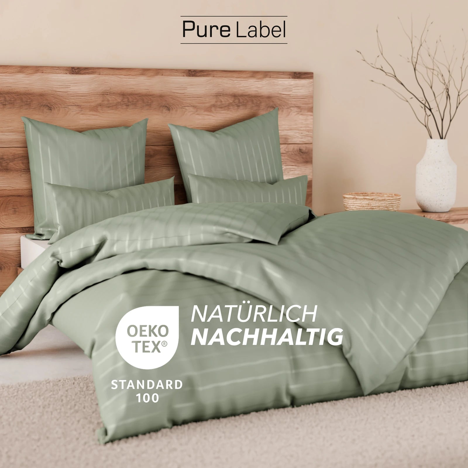 Bettwäsche Mako Satin mit Streifen - Grün - 135x200 + 80x80cm