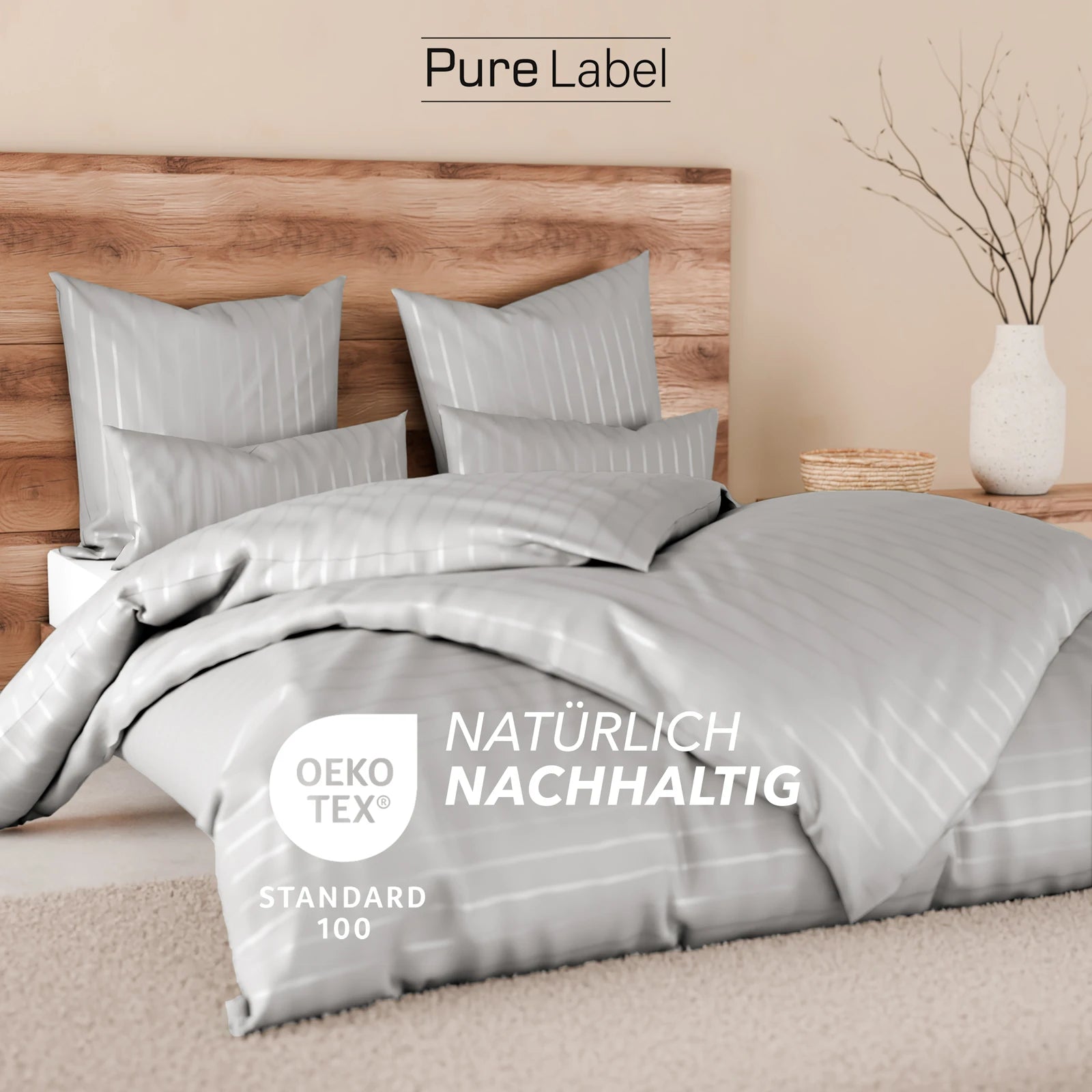 Bettwäsche Mako Satin mit Streifen - Grau - 155x220 + 80x80cm
