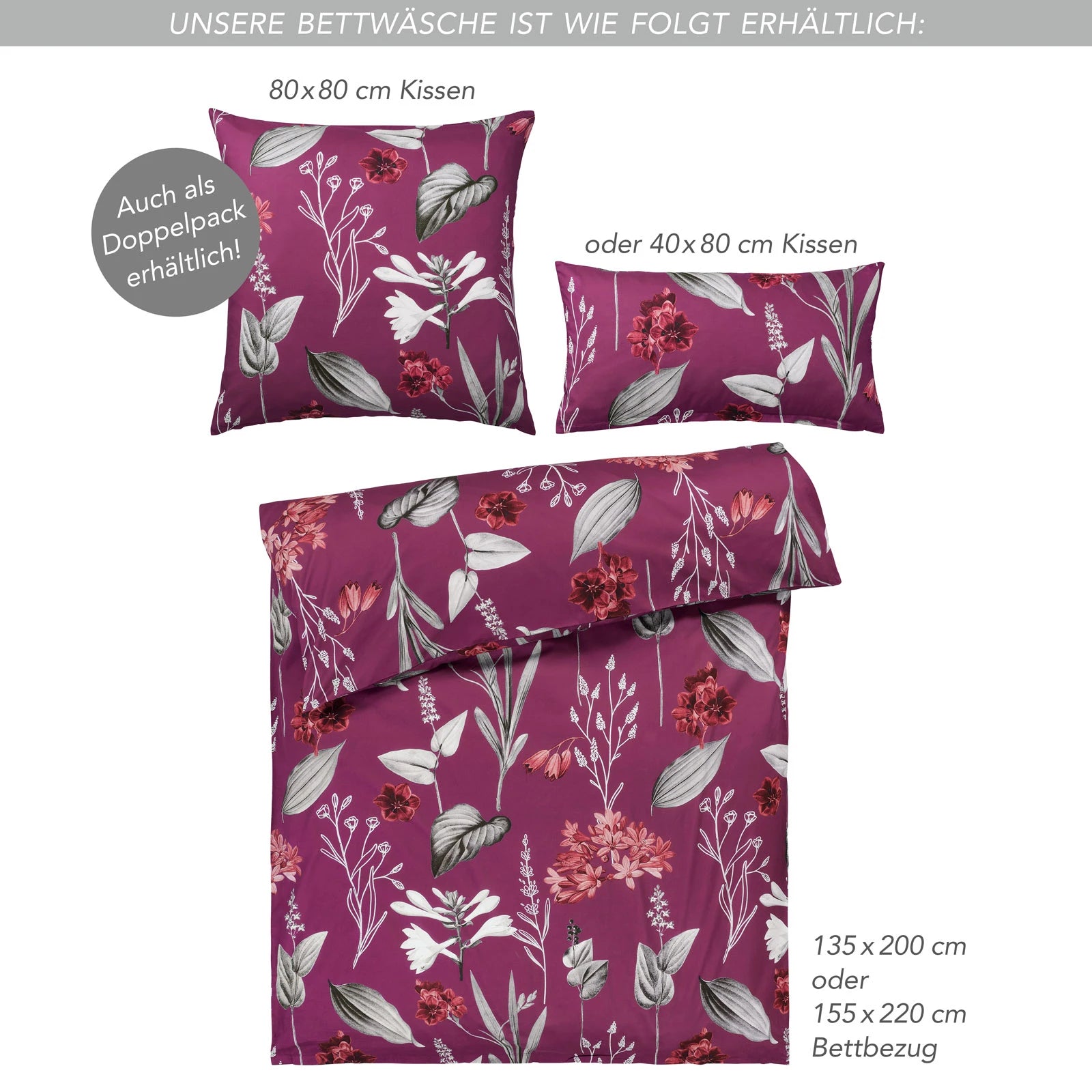 Bettwäsche "Blumen" - Beere / 135x200 + 40x80 cm Pure Label