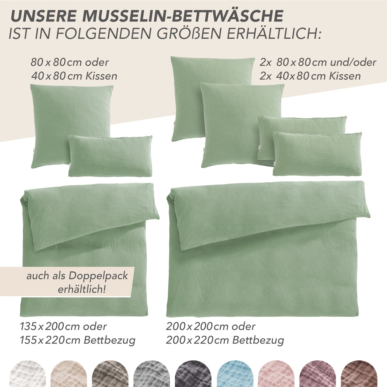 Musselin Kopfkissenbezug - Salbeigrün - 40x80 cm