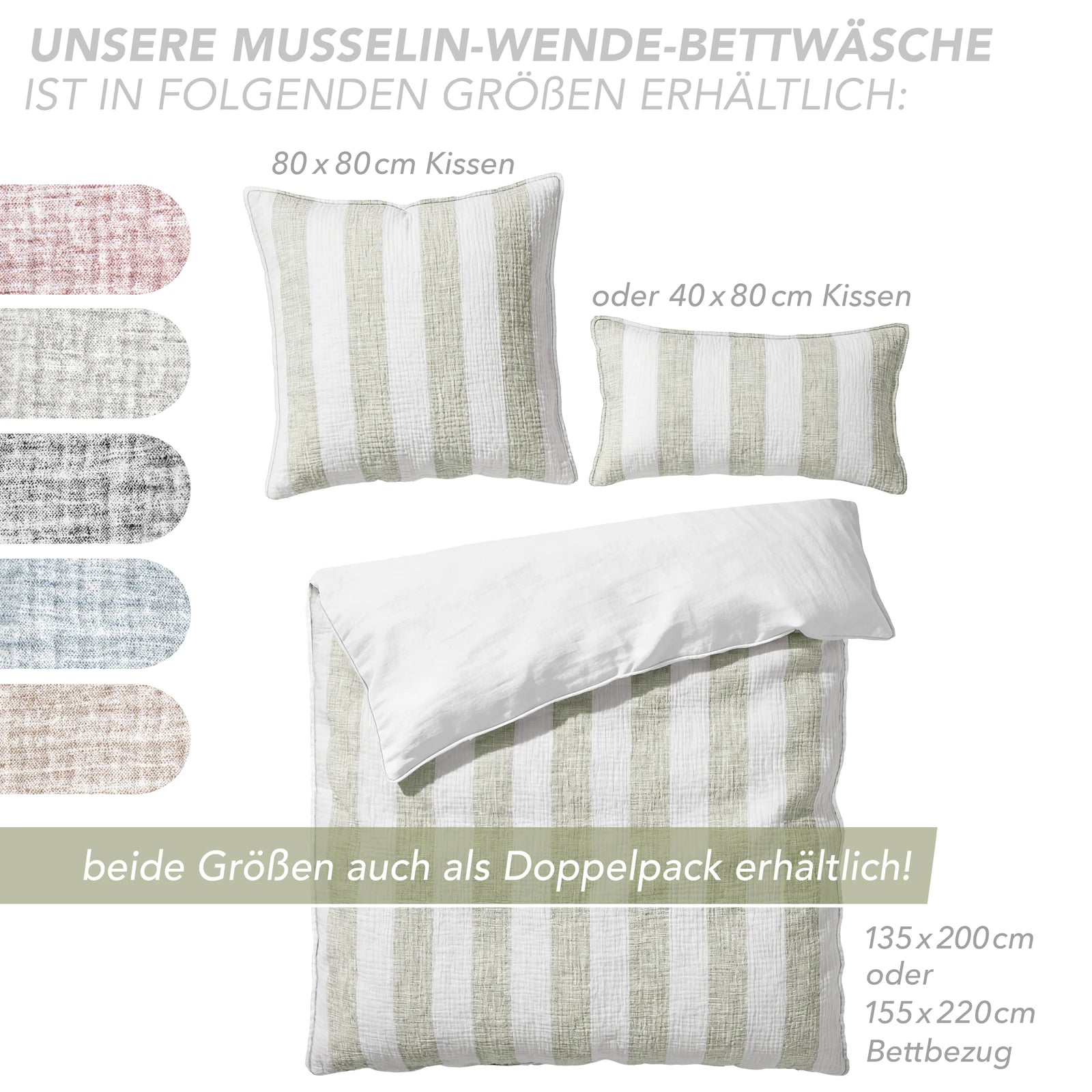 Musselin Bettwäsche  - Grün - Gestreift  2x135x200 40x80 cm