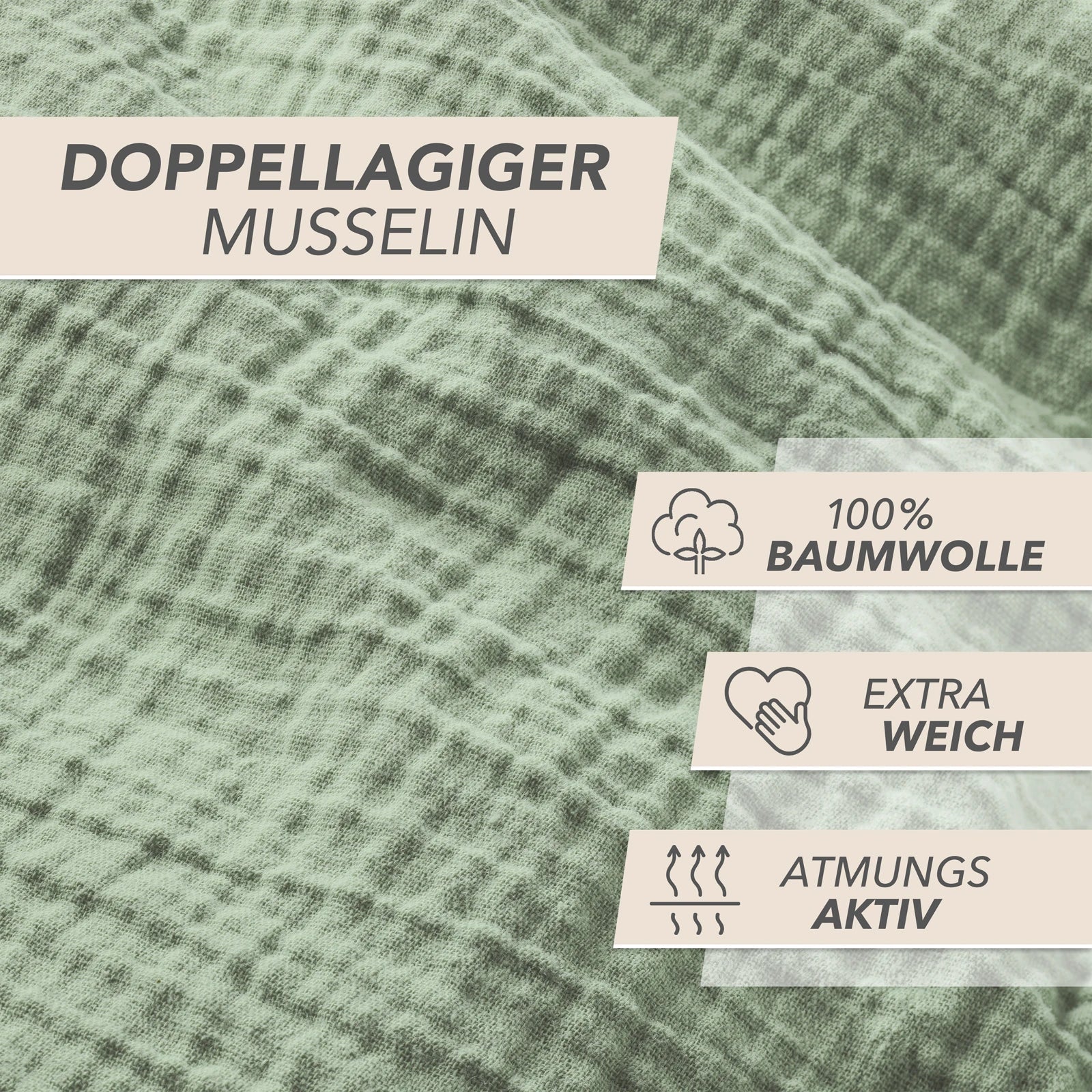 Musselin Kopfkissenbezug - Salbeigrün - 40x80 cm