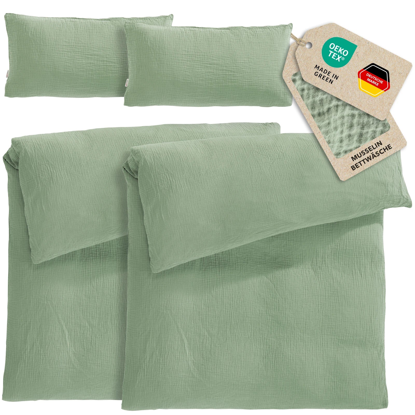 Musselin Bettwäsche Sets - Salbeigrün - 2x155x220 + 2x40x80 cm
