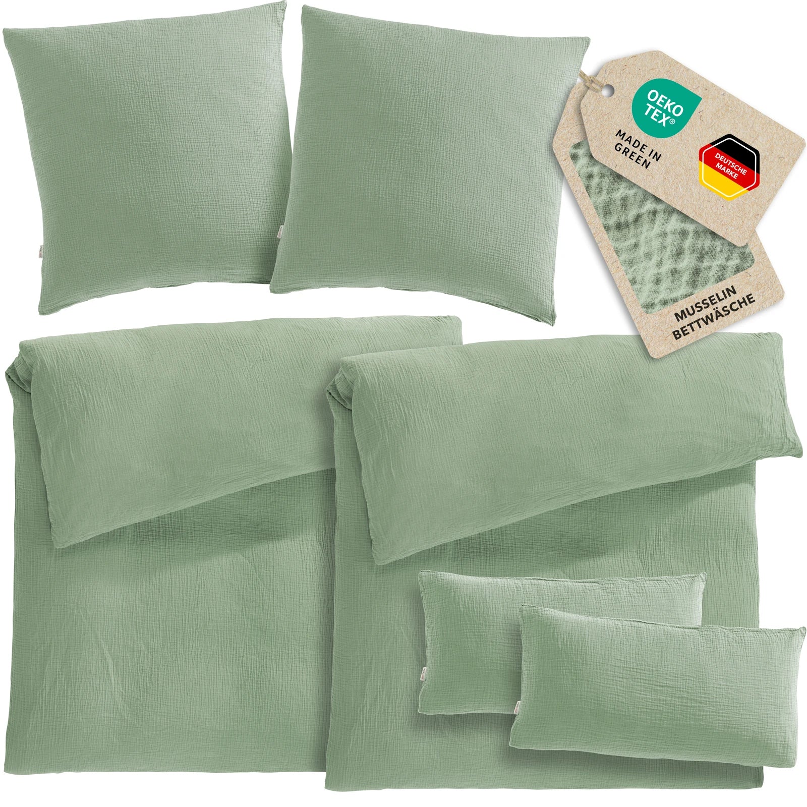 Musselin Bettwäsche Sets - Salbeigrün - 2x135x200 + 2x80x80 + 2x40x80 cm