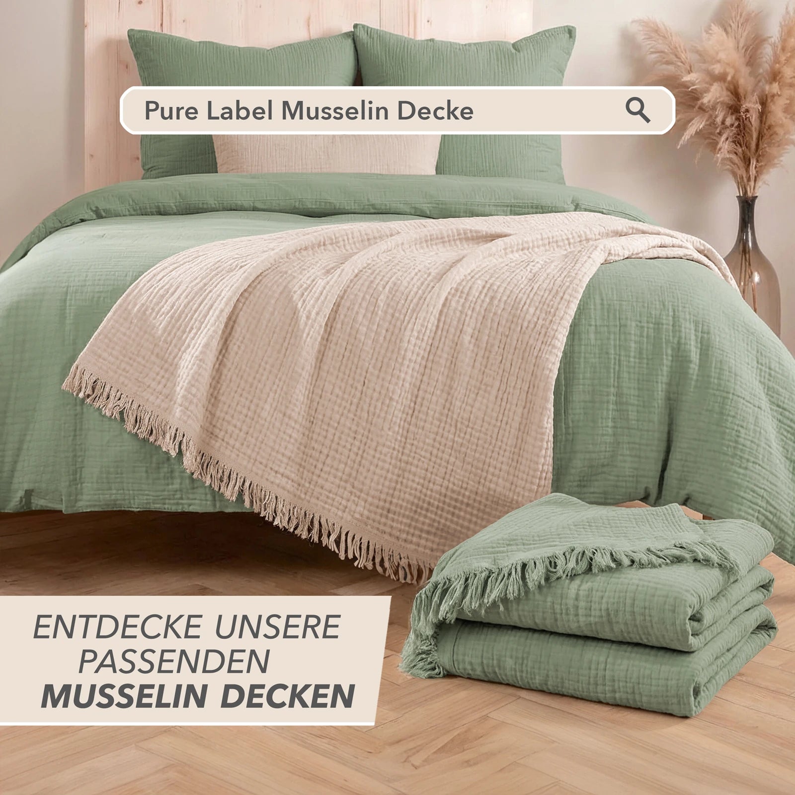 Musselin Bettwäsche Sets - Salbeigrün - 2x155x220 + 2x40x80 cm