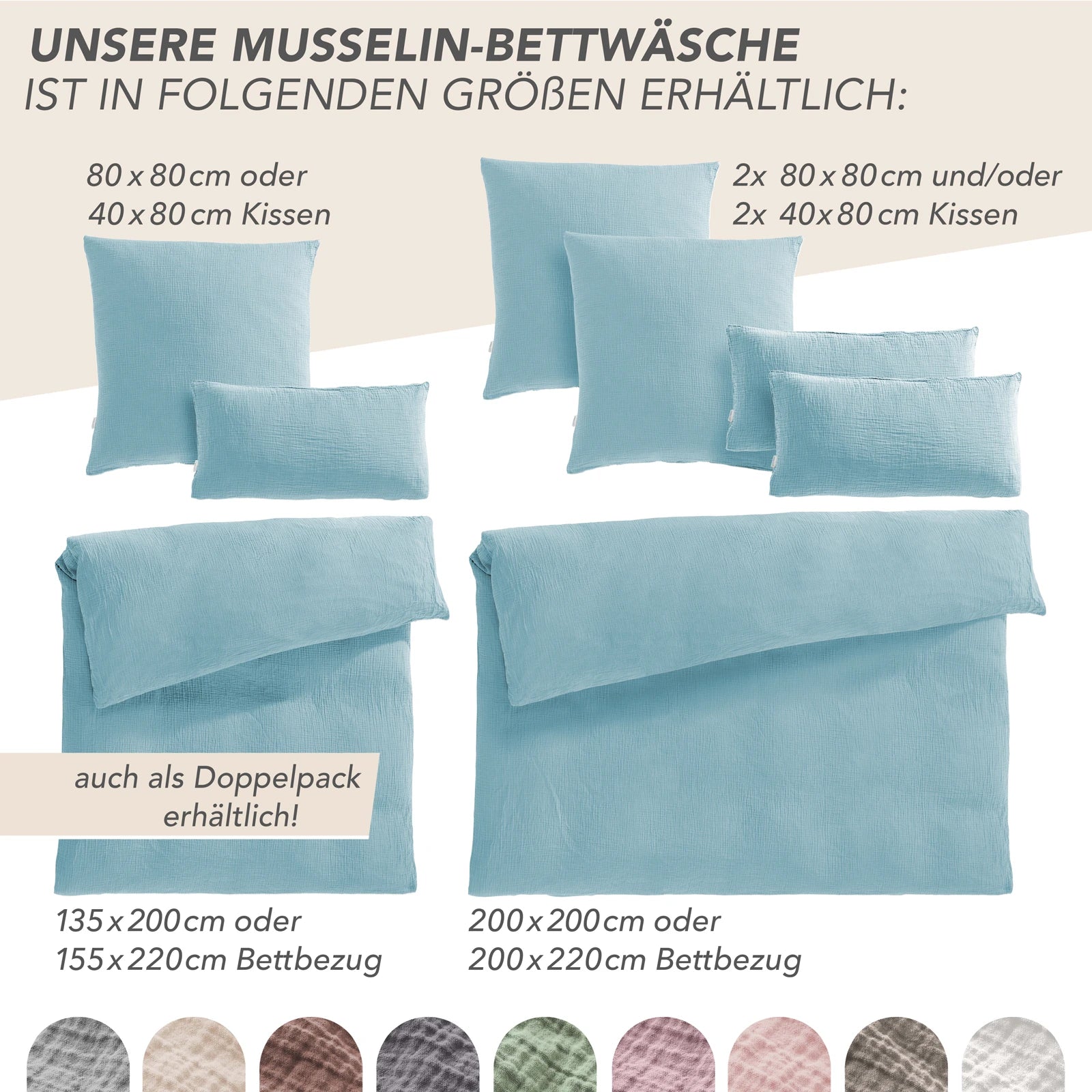 Musselin Bettwäsche Sets - Hellblau - 2x135x200 + 2x40x80 cm