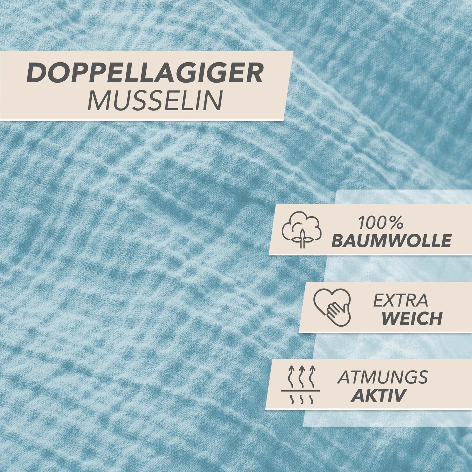 Musselin Bettwäsche Sets - Hellblau - 2x135x200 + 2x40x80 cm