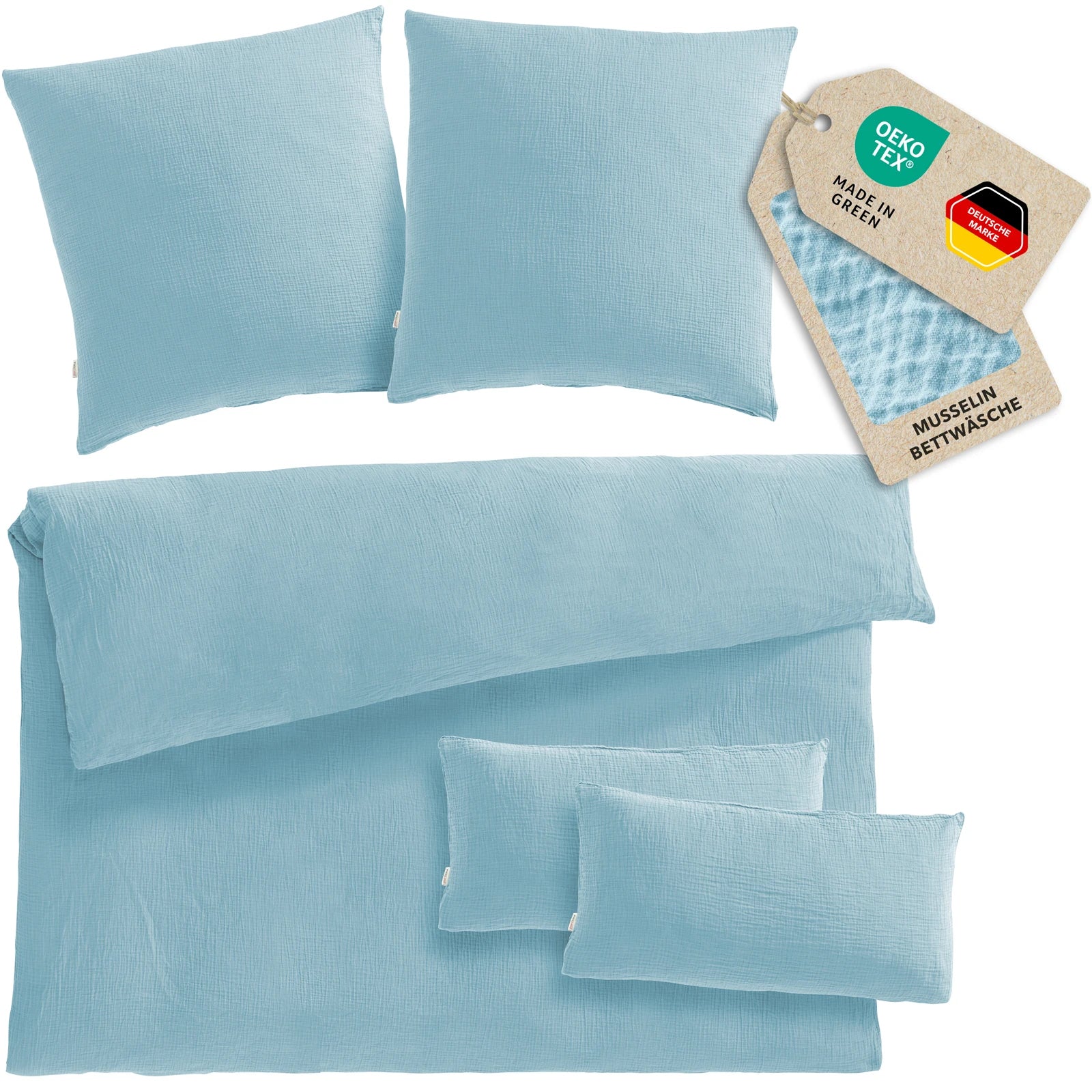 Musselin Bettwäsche Doppelbett - Hellblau - 200x200 + 2x80x80 + 2x40x80 cm